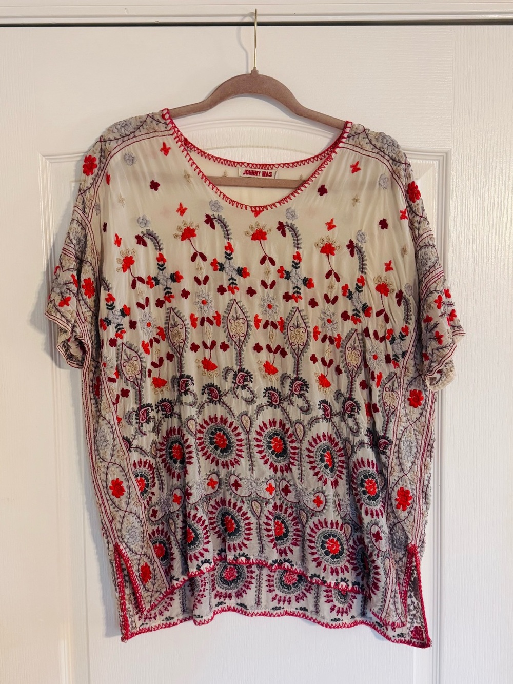 Johnny Was Cream Tunic with Red and Black Embroidery
